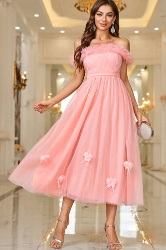 Pink A Line Off The Shoulder Prom Dress with Lace Up Back