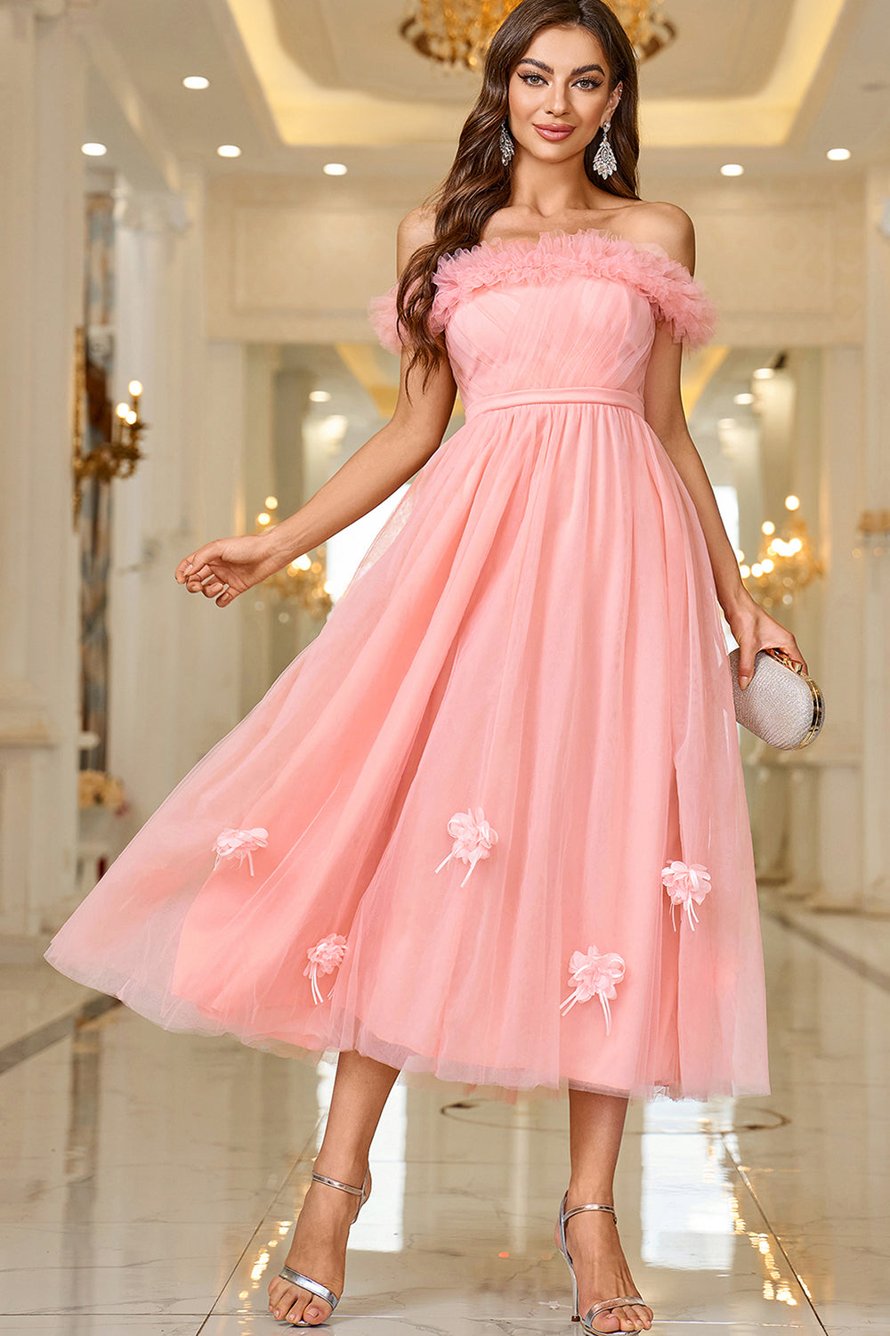 Pink A Line Off The Shoulder Prom Dress with Lace Up Back