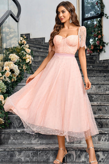 Pink A Line Formal Dress With Lace