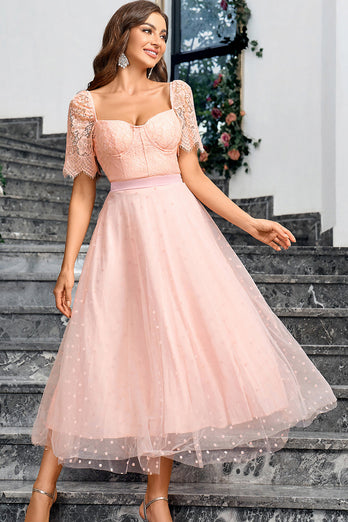 Pink A Line Formal Dress With Lace