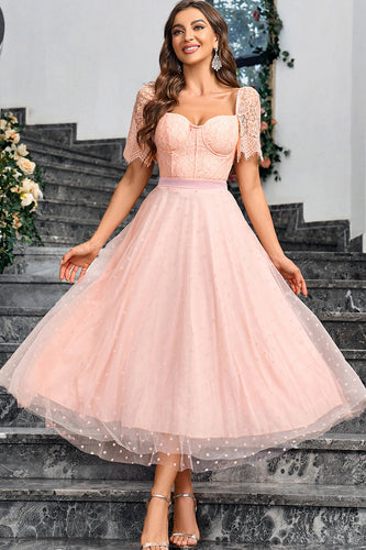 Pink A Line Formal Dress With Lace