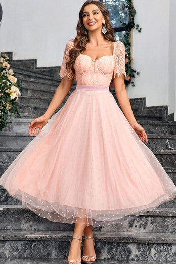 Pink A Line Formal Dress With Lace