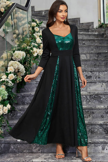 Sparkly Black Green Sequined A Line Prom Dress With Long Sleeves