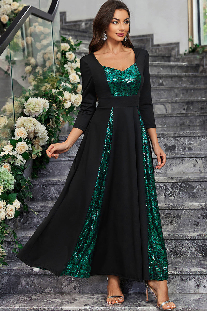 Load image into Gallery viewer, Sparkly Black Green Sequined A Line Prom Dress With Long Sleeves