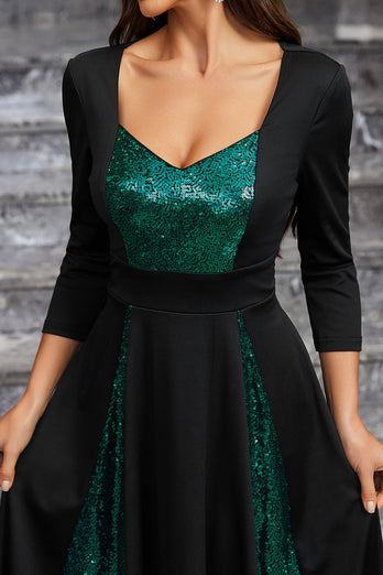 Sparkly Black Green Sequined A Line Prom Dress With Long Sleeves