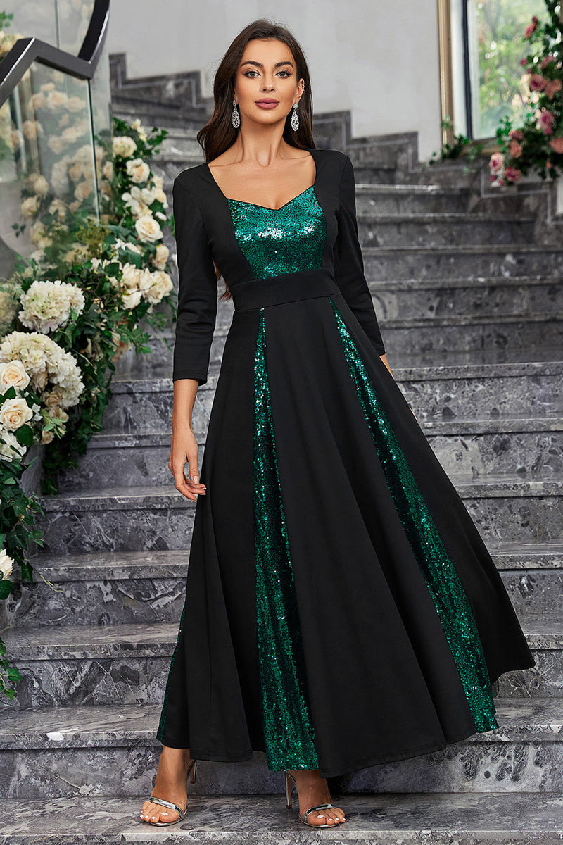 Load image into Gallery viewer, Sparkly Black Green Sequined A Line Prom Dress With Long Sleeves