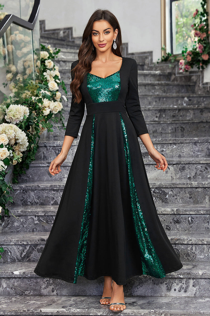 Load image into Gallery viewer, Sparkly Black Green Sequined A Line Prom Dress With Long Sleeves