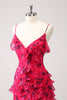 Load image into Gallery viewer, Red Flower Asymmetrical Ruffled Wedding Guest Dress