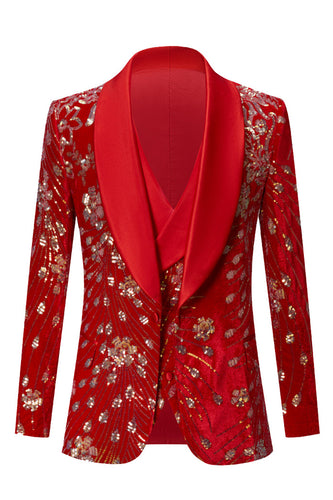 Sparkly Red Shawl Lapel 2 Piece Sequin Men's Blazer and Vest