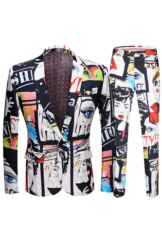 White Notched Lapel Special Graffiti 2 Piece Men's Suit