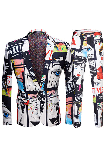 White Notched Lapel Special Graffiti 2 Piece Men's Suit