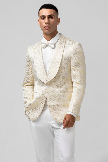 One Button Shawl Lapel Ivory Jacquard Men's Blazer