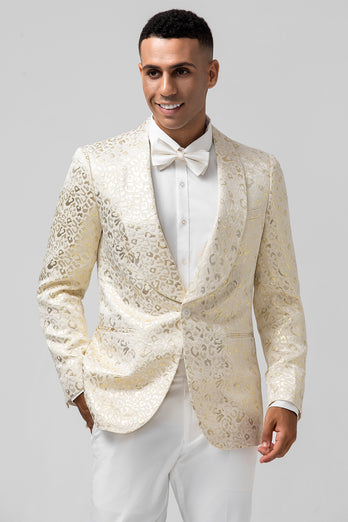 One Button Shawl Lapel Ivory Jacquard Men's Blazer