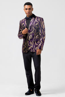 Sparkly Notched Lapel Purple Printed Single Breasted Men's Blazer