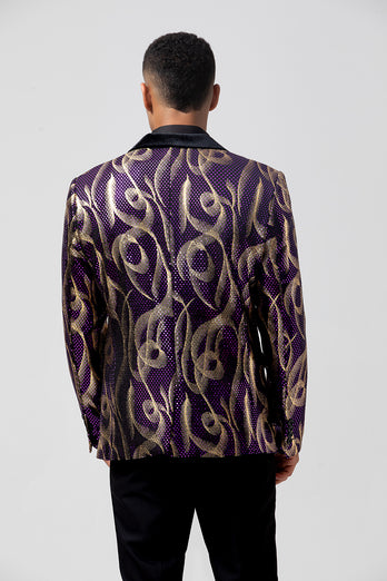 Sparkly Notched Lapel Purple Printed Single Breasted Men's Blazer