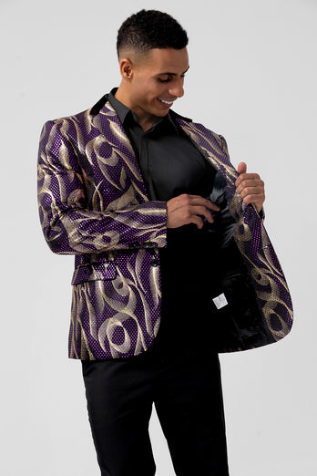 Sparkly Notched Lapel Purple Printed Single Breasted Men's Blazer