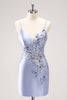 Load image into Gallery viewer, Sparkly Blue Sequined Floral Tight Short Graduation Dress with Beading