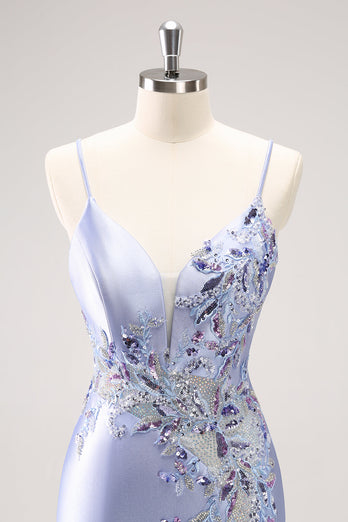 Sparkly Blue Sequined Floral Tight Short Graduation Dress with Beading