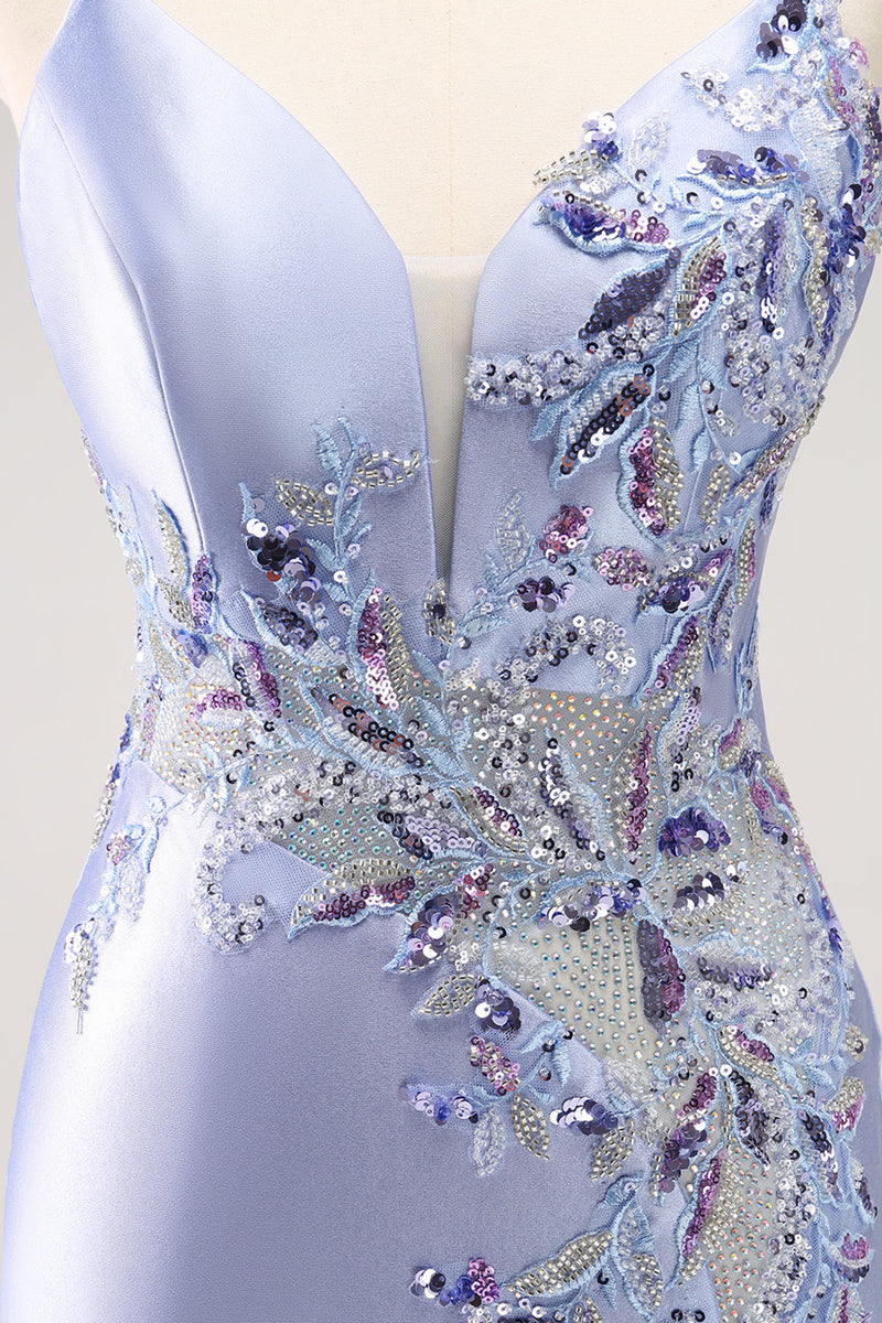 Load image into Gallery viewer, Sparkly Blue Sequined Floral Tight Short Graduation Dress with Beading