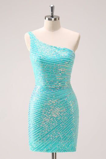 Sparkly Mint One Shoulder Tight Short Graduation Dress with Sequins