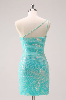 Sparkly Mint One Shoulder Tight Short Graduation Dress with Sequins