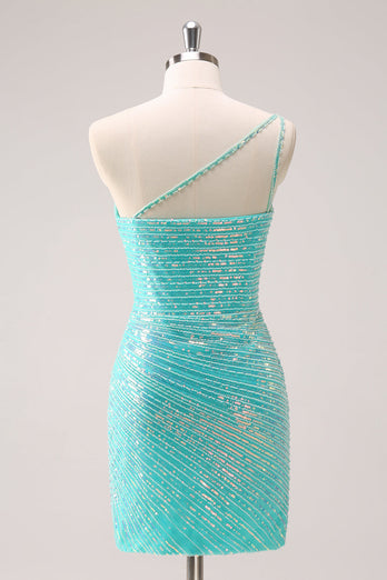 Sparkly Mint One Shoulder Tight Short Graduation Dress with Sequins