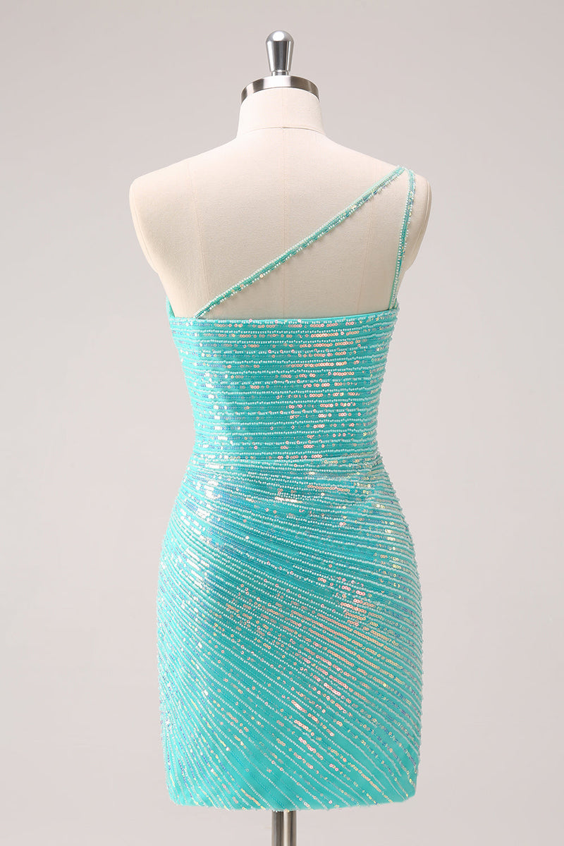 Load image into Gallery viewer, Sparkly Mint One Shoulder Tight Short Graduation Dress with Sequins