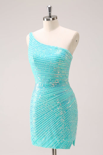 Sparkly Mint One Shoulder Tight Short Graduation Dress with Sequins