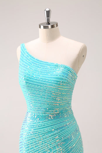 Sparkly Mint One Shoulder Tight Short Graduation Dress with Sequins