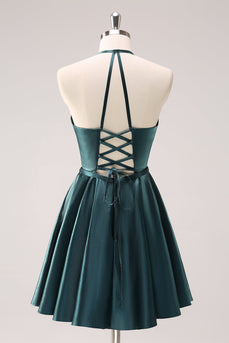 A-Line Peacock Blue Halter Short Graduation Dress with Lace Up Back