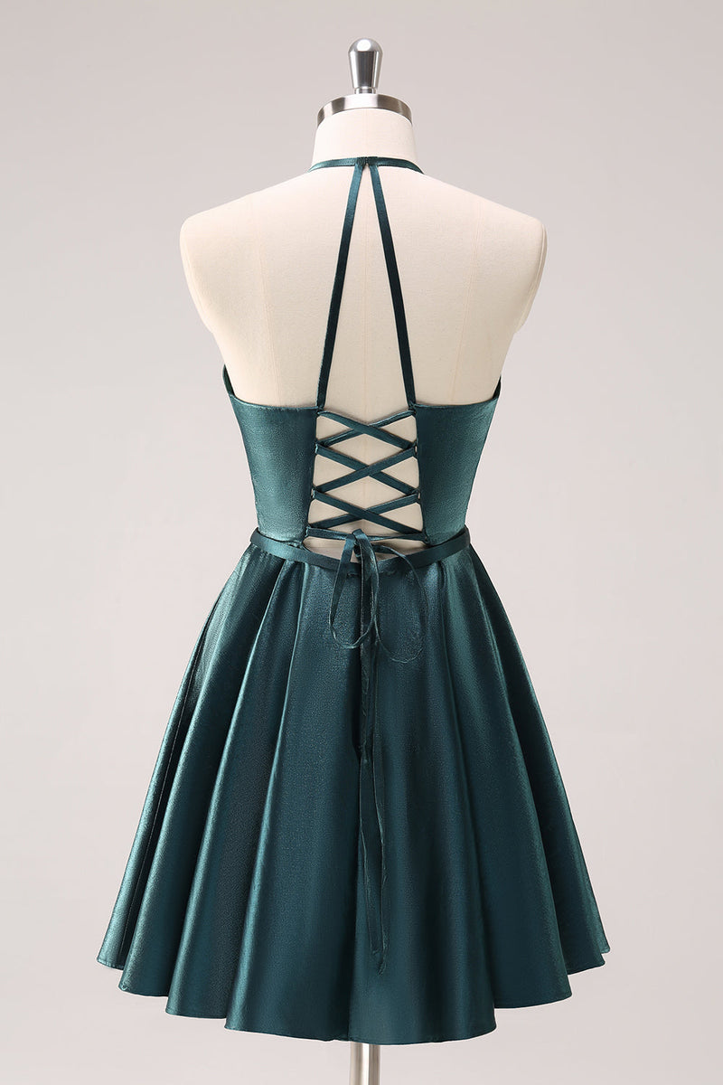 Load image into Gallery viewer, A-Line Peacock Blue Halter Short Graduation Dress with Lace Up Back