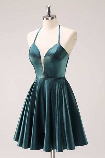 A-Line Peacock Blue Halter Short Graduation Dress with Lace Up Back