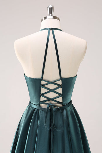 A-Line Peacock Blue Halter Short Graduation Dress with Lace Up Back