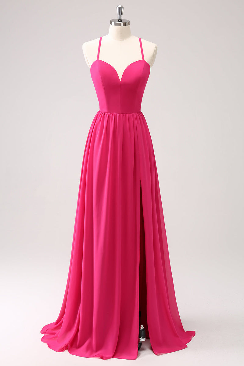 Load image into Gallery viewer, Fuchsia Spaghetti Straps Chiffon Long Bridesmaid Dress with Slit