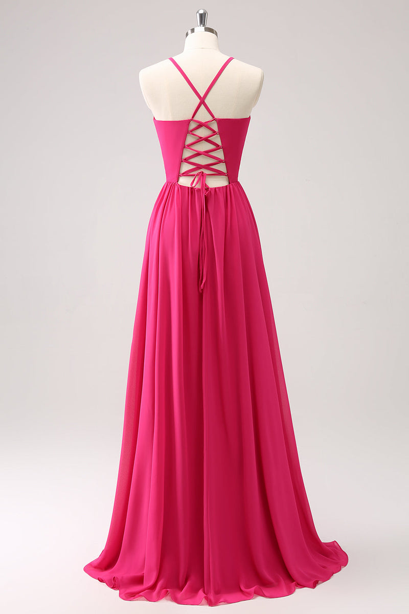 Load image into Gallery viewer, Fuchsia Spaghetti Straps Chiffon Long Bridesmaid Dress with Slit