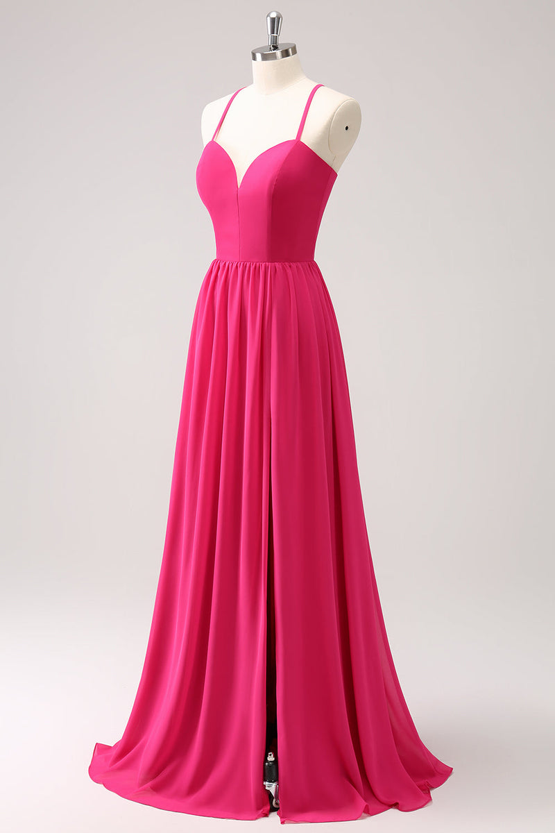 Load image into Gallery viewer, Fuchsia Spaghetti Straps Chiffon Long Bridesmaid Dress with Slit