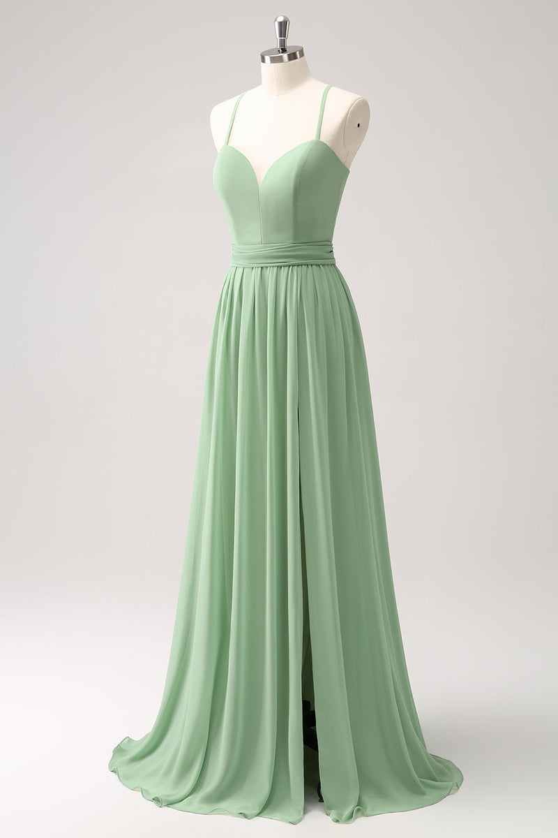 Load image into Gallery viewer, Dusty Sage A-Line Lace Up Back Long Bridesmaid Dress with Slit