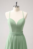 Dusty Sage A Line Lace Up Back Long Bridesmaid Dress with Slit
