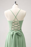 Dusty Sage A Line Lace Up Back Long Bridesmaid Dress with Slit