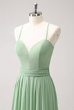 Dusty Sage A Line Lace Up Back Long Bridesmaid Dress with Slit