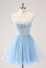 Load image into Gallery viewer, Sky Blue A Line Sweetheat Corset Tulle Graduation Dress with Sequins