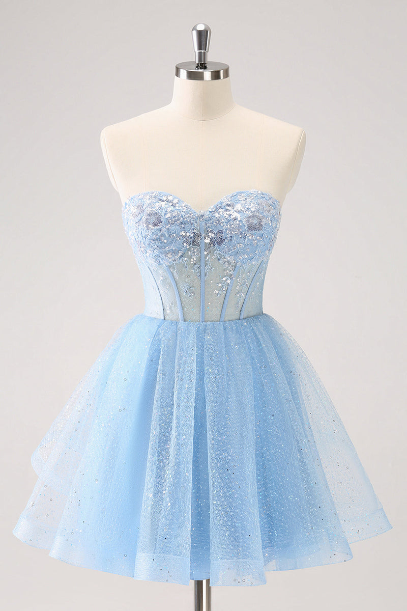 Load image into Gallery viewer, Sky Blue A Line Sweetheat Corset Tulle Graduation Dress with Sequins