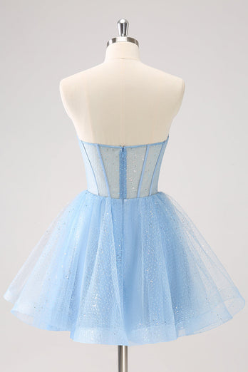 Sky Blue A Line Sweetheat Corset Tulle Graduation Dress with Sequins