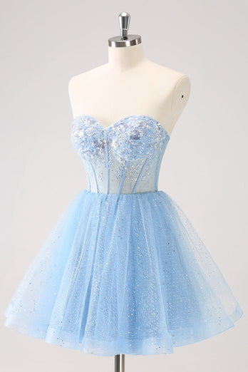 Sky Blue A Line Sweetheat Corset Tulle Graduation Dress with Sequins