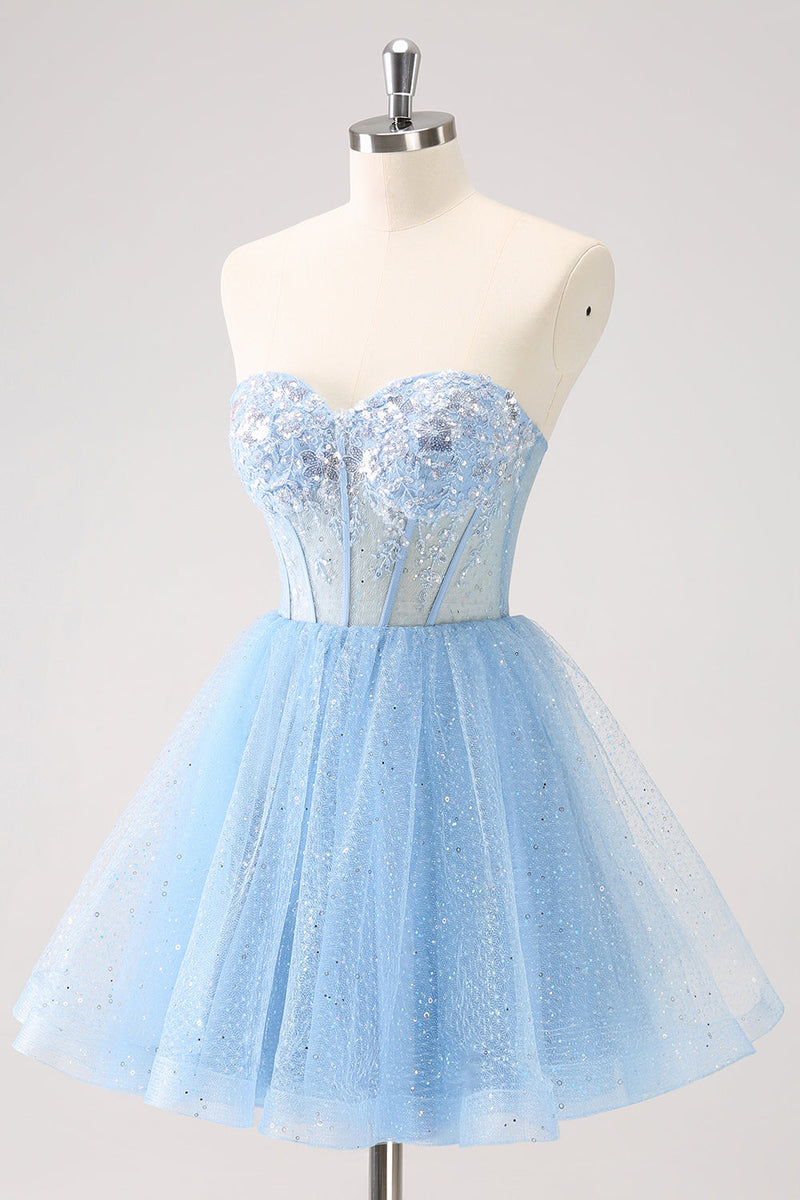 Load image into Gallery viewer, Sky Blue A Line Sweetheat Corset Tulle Graduation Dress with Sequins