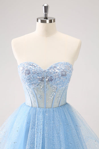 Sky Blue A Line Sweetheat Corset Tulle Graduation Dress with Sequins