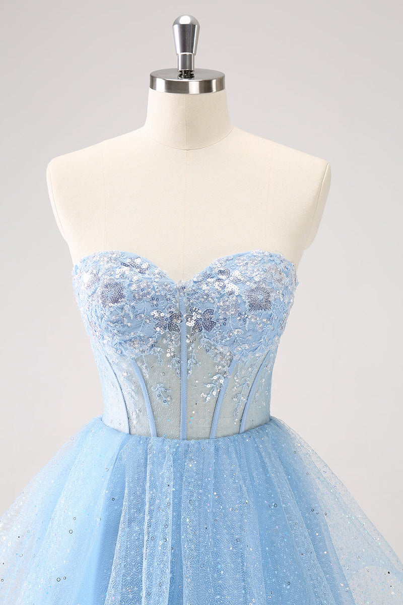 Load image into Gallery viewer, Sky Blue A Line Sweetheat Corset Tulle Graduation Dress with Sequins