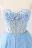 Load image into Gallery viewer, Sky Blue A Line Sweetheat Corset Tulle Graduation Dress with Sequins