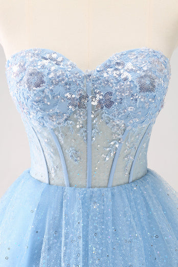 Sky Blue A Line Sweetheat Corset Tulle Graduation Dress with Sequins