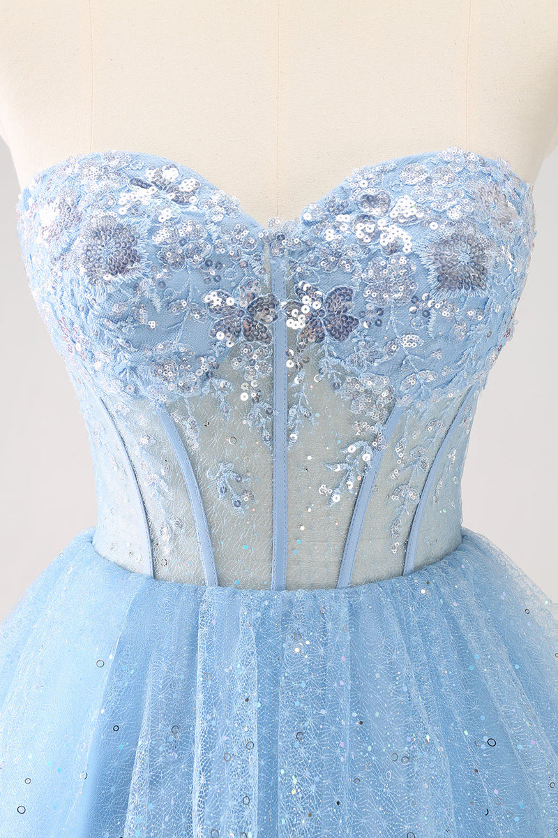 Load image into Gallery viewer, Sky Blue A Line Sweetheat Corset Tulle Graduation Dress with Sequins